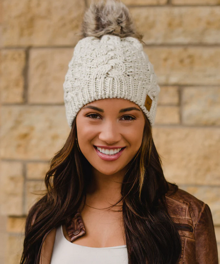 * Beige Cable Knit Pom Hat