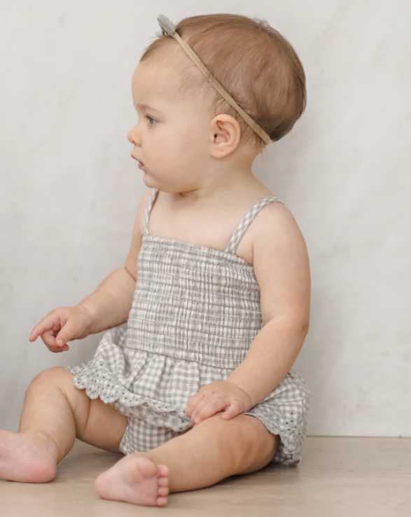 SMOCKED SKIRTED ROMPER SAGE GINGHAM