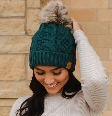 * Deep Teal Cable Knit Pom Hat
