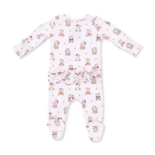 Christmas Teddy Bears Pink - 2 Way Ruffle Back Zipper Footie NB