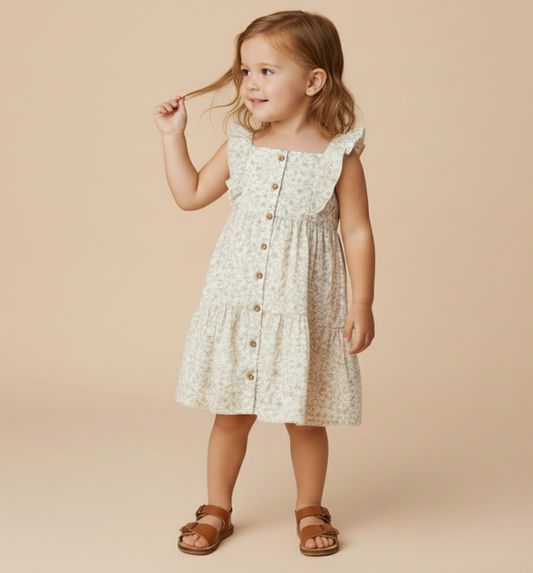 Organic Flutter Buttoned Tiered Dress - Bluebelle