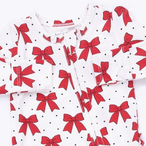 Festive Bows - 2 Way Ruffle Back Zipper Footie NB