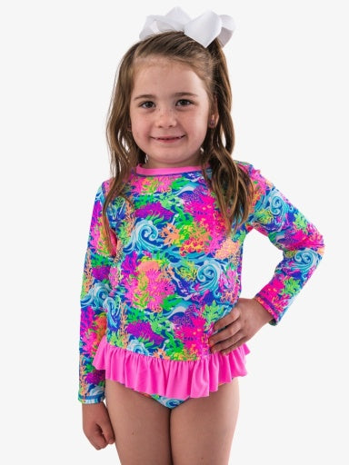 Long Sleeve Rash Guard 2-Piece Swimsuit- NEON OCEAN CORAL