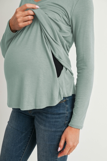 Long Sleeve V-Neck Maternity Nursing Top-Sage