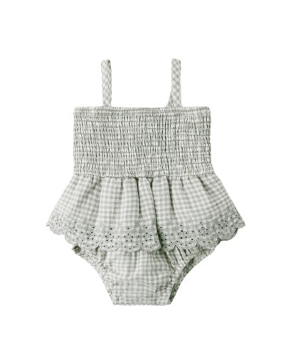 SMOCKED SKIRTED ROMPER SAGE GINGHAM