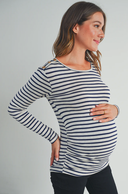 Cindy Stripe Round Neck Maternity Top with Button