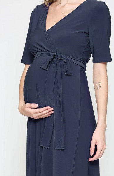 Navy Tie Waist High-Low Maternity Nursing Dress