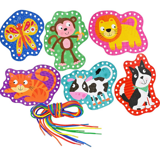 Box of lacing cards with animal illustrations on a white background