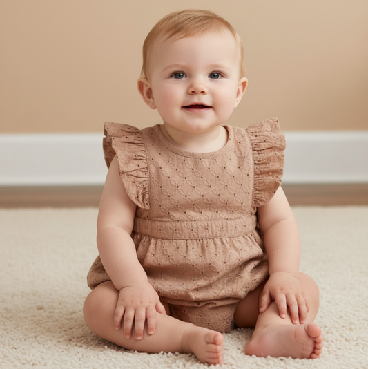 Organic Eyelet Flutter Romper - Clay Eyelet
