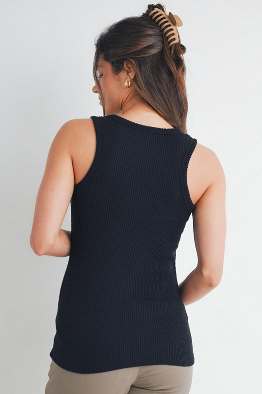 *Ribbed Scoop Neck Maternity Racerback Tank - Black