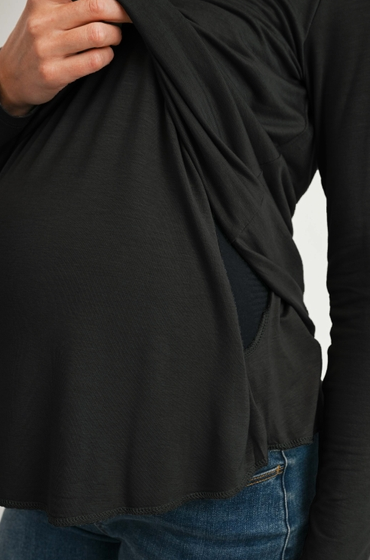 Long Sleeve V-Neck Maternity Nursing Top-Black