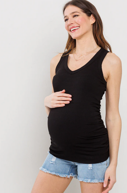 Basic Maternity Tank Top with Side Ruching - Black - Elegant Mommy