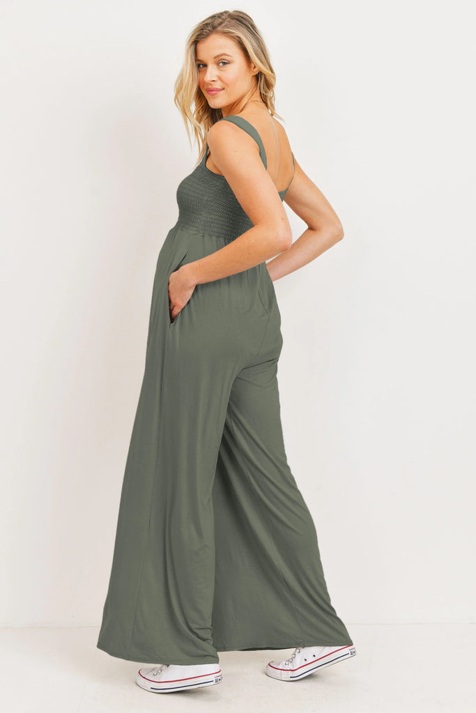 Olive Smocked Maternity Jumpsuit