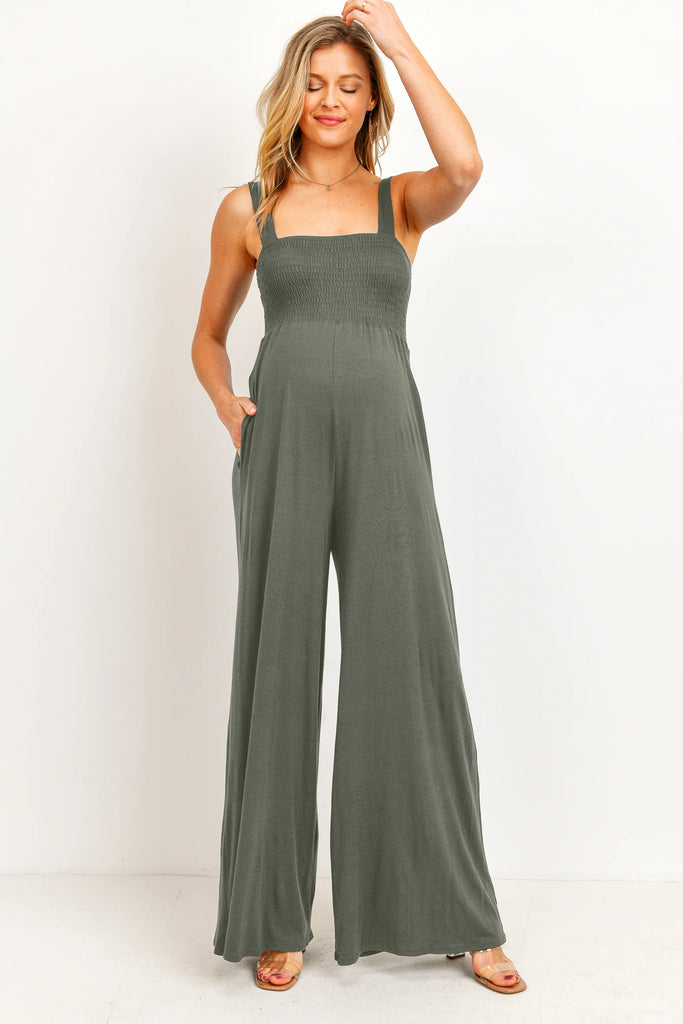 Olive Smocked Maternity Jumpsuit