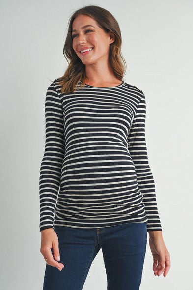 Stripe Round Neck Maternity Top with Button- Black