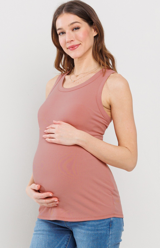 Basic Ribbed Scoop Neck Maternity Tank - Coral