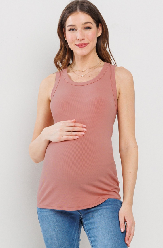 Basic Ribbed Scoop Neck Maternity Tank - Coral