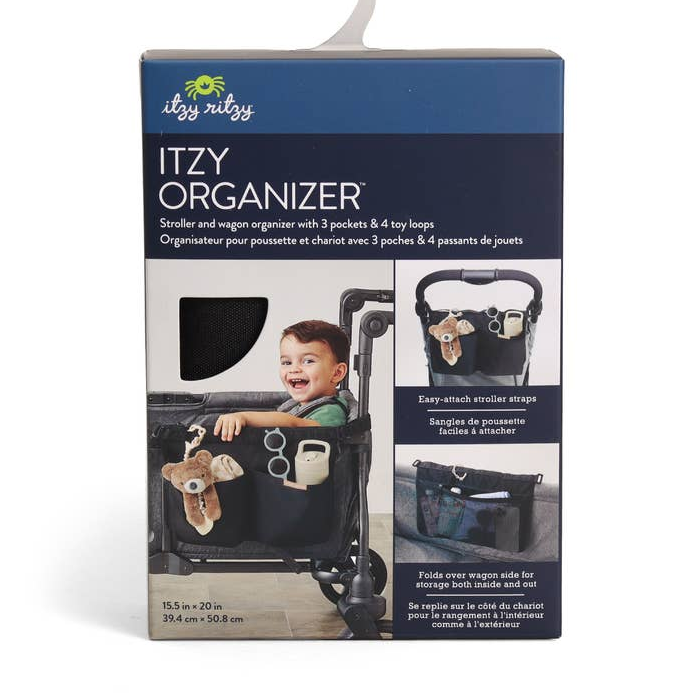 Itzy Ritzy stroller organizer packaging with images of a child and stroller.