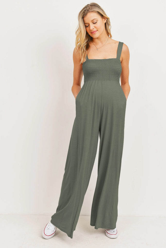 Olive Smocked Maternity Jumpsuit