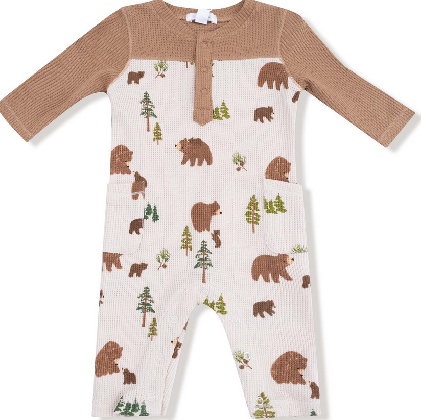 Sweet Brown Bears - Romper W/ Contrast Sleeves
