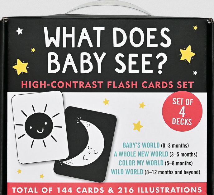 Packaging for 'What Does Baby See?' high-contrast flash cards set, showing a baby-friendly design with colorful and monochrome illustrations.
