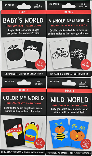 Packaging for 'What Does Baby See?' high-contrast flash cards set, showing a baby-friendly design with colorful and monochrome illustrations.