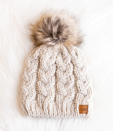 Beige Cable Knit Pom Hat