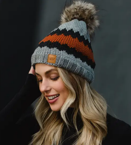 * Gray, Charcoal & Rust Patterned Pom Hat