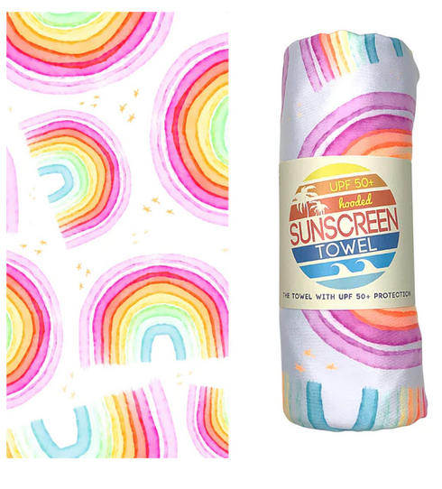 Kids Hooded UPF 50+ Sunscreen Towel (Rainbows)