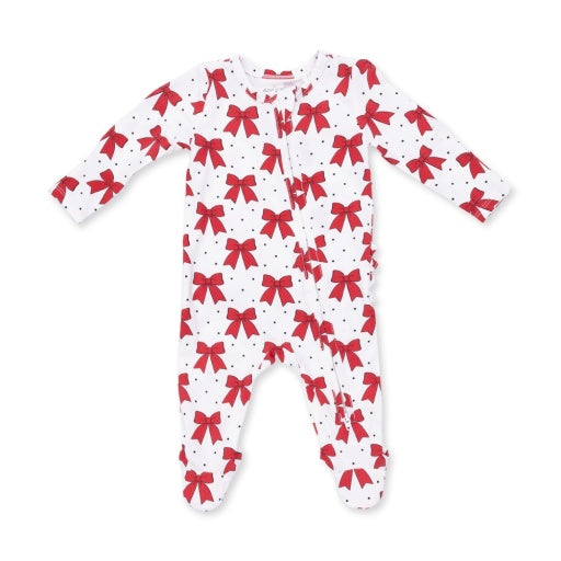 Festive Bows - 2 Way Ruffle Back Zipper Footie NB