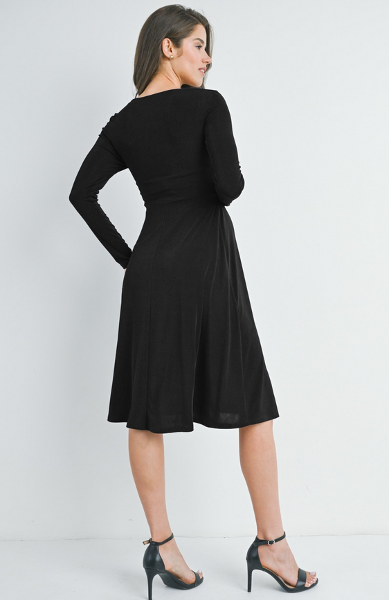 Surplice Long Sleeve Maternity Nursing Dress - Black