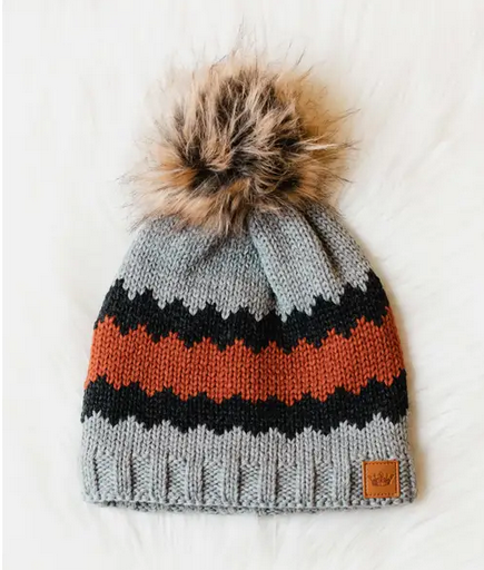 Gray, Charcoal & Rust Patterned Pom Hat