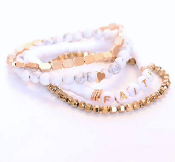 Faith Gold Beaded Stretch Bracelet Set Christian Heart Charm