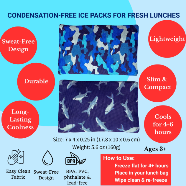 *Gel Ice Packs in Fabric Sleeves 2-Pack - Sharks & Camouflage