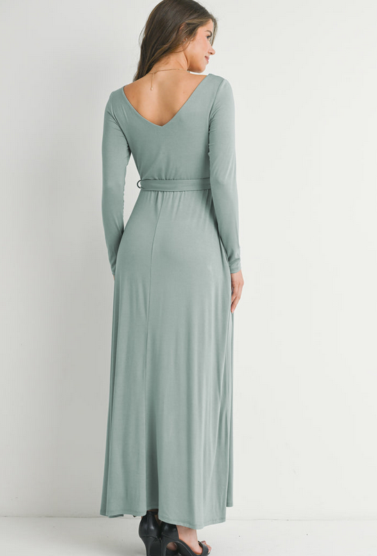 Sage- Long Sleeve V Neck Maternity Maxi Dress with Waist Belt