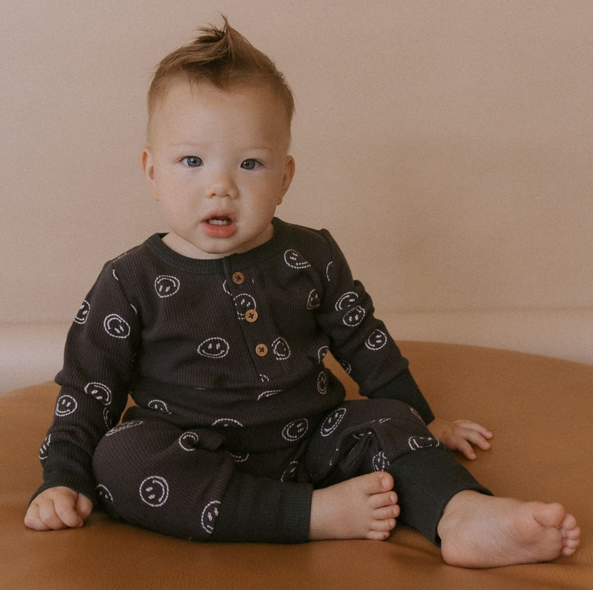 Organic Button Romper - Happy Face