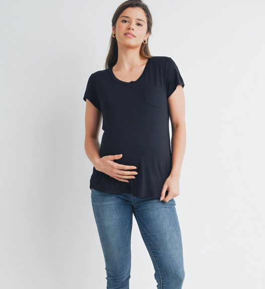 Nursing Friendly Scoop Neck Short Sleeve Pocket T-Shirt-Black