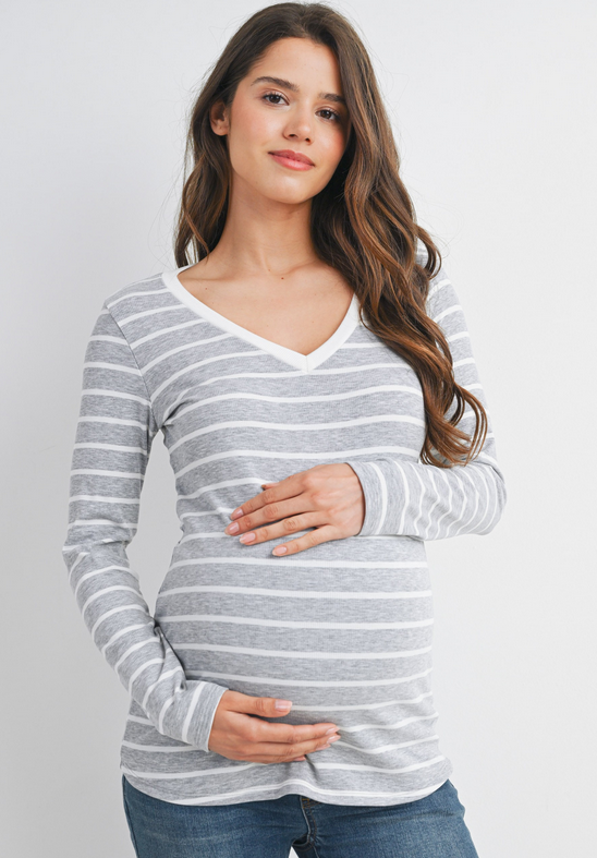 Grey Stripe LS Maternity Top