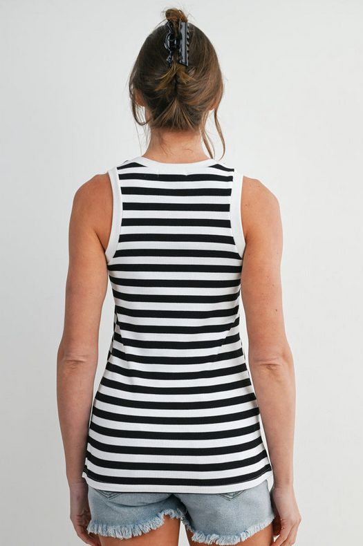 Striped Round Neck Maternity Tank - Black / White
