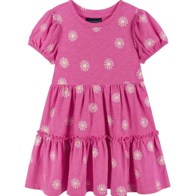 *Pink Flower Print Tiered Dress w/Ruffle