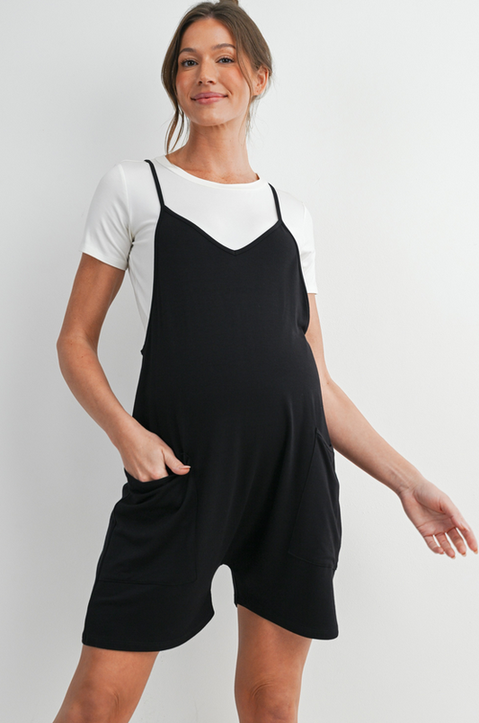 Loose Fit Adjustable Straps Sleeveless Maternity Romper with Pockets - Black