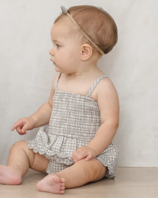 SMOCKED SKIRTED ROMPER SAGE GINGHAM
