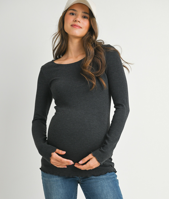Charcoal Ribbed LS Lettuce Hem Maternity Top