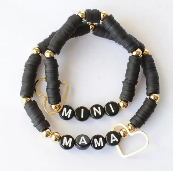 Mama Mini Black Gold Beaded Stretch Bracelet Jewelry Set