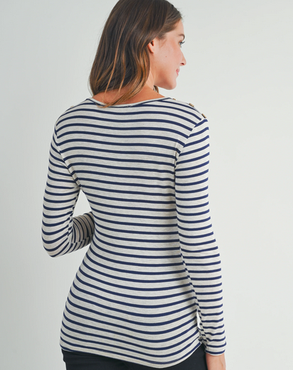 Stripe Round Neck Maternity Top with Button- Black