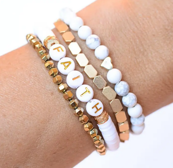 Faith Gold Beaded Stretch Bracelet Set Christian Heart Charm