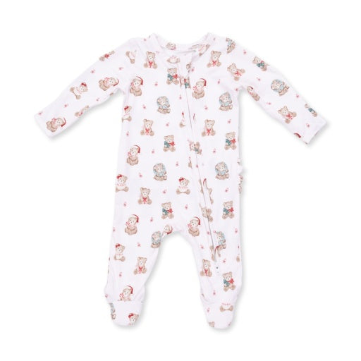 Christmas Teddy Bears Pink - 2 Way Ruffle Back Zipper Footie NB