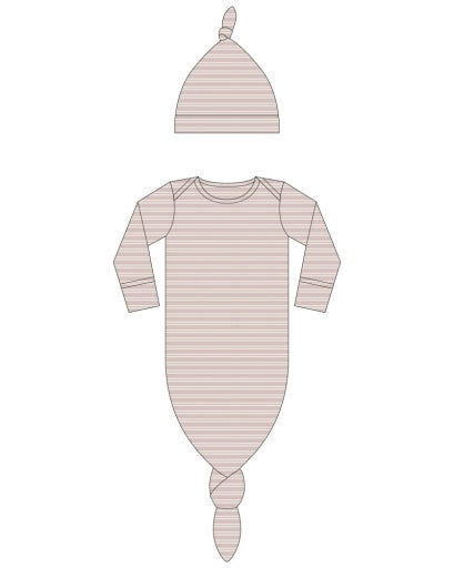 KNOTTED BABY GOWN + HAT SET DUSTY ROSE MICROSTRIPE
