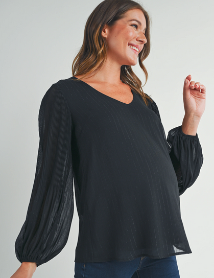 *Pleated Long Sleeve V-Neck Maternity Top