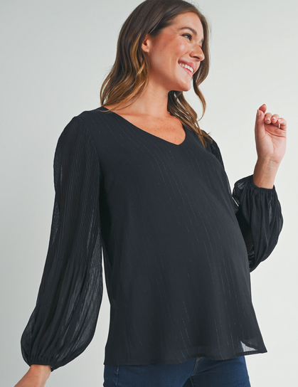 Pleated Long Sleeve V-Neck Maternity Top